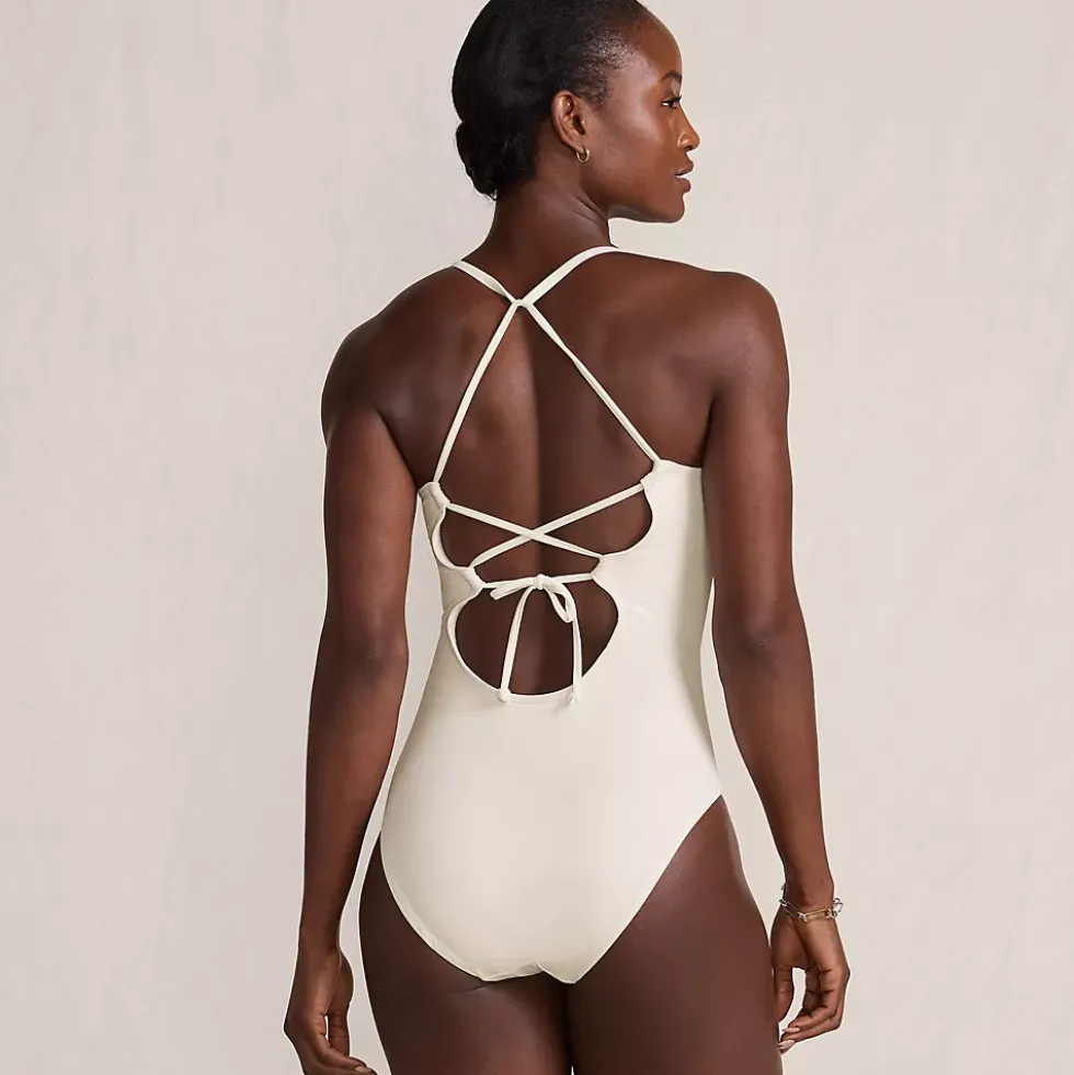 Women's Laser Cut Embroidered Plunge Tie Back Ultra High Leg One Piece Swimsuit