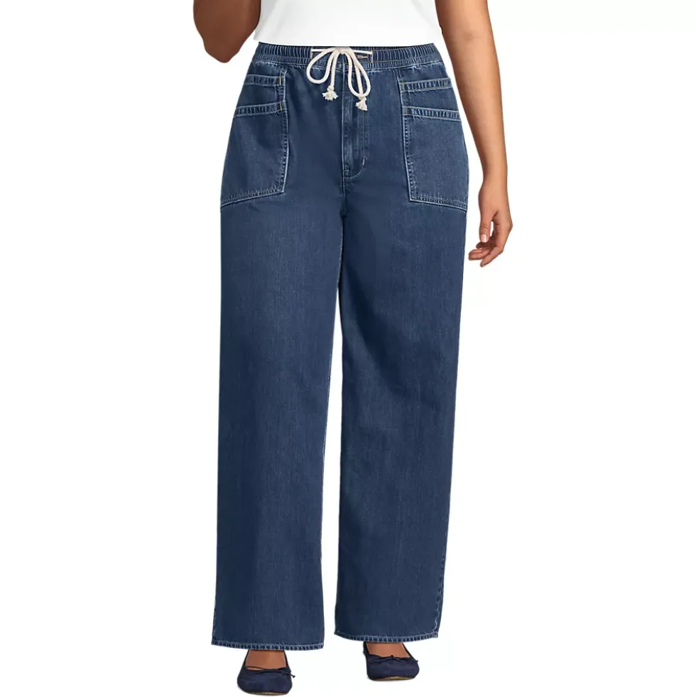 Women's Lightweight Denim High Rise Relaxed Straight Pull On Pocket Jeans