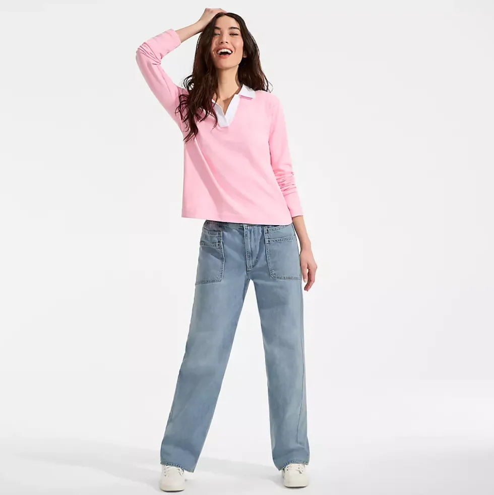 Women's Lightweight Denim High Rise Relaxed Straight Pull On Pocket Jeans