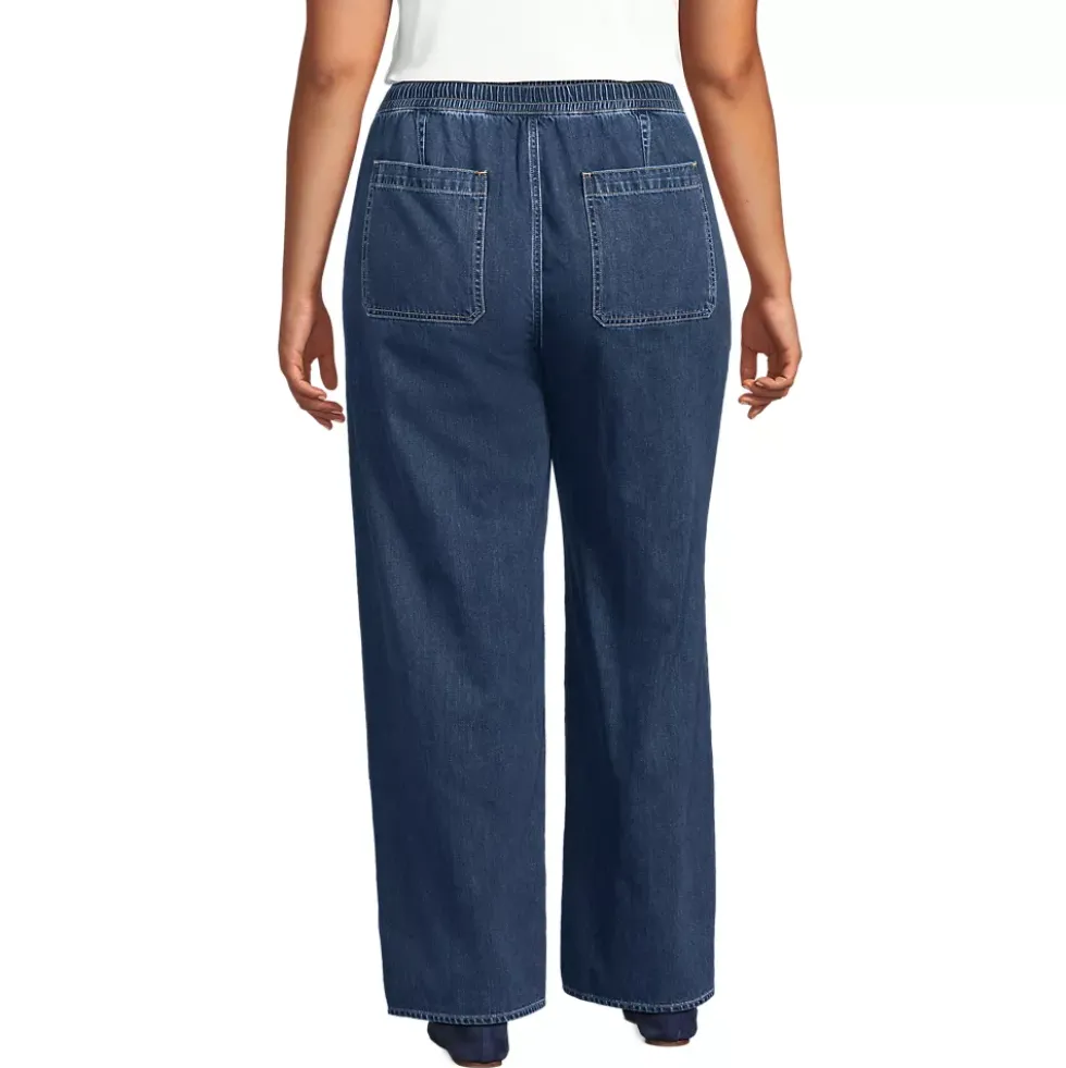 Women's Lightweight Denim High Rise Relaxed Straight Pull On Pocket Jeans