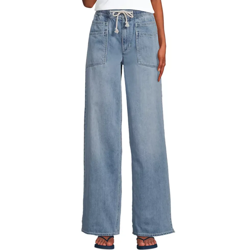 Women's Lightweight Denim High Rise Relaxed Straight Pull On Pocket Jeans