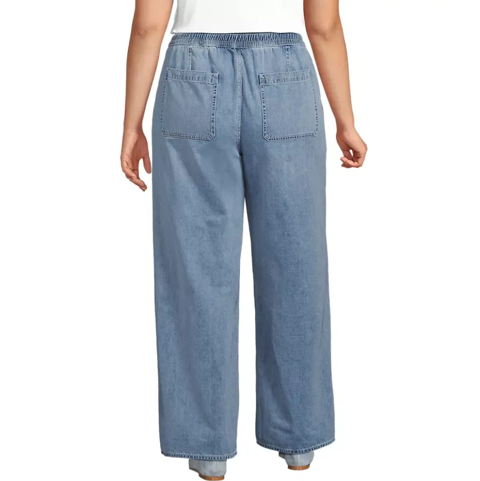 Women's Lightweight Denim High Rise Relaxed Straight Pull On Pocket Jeans