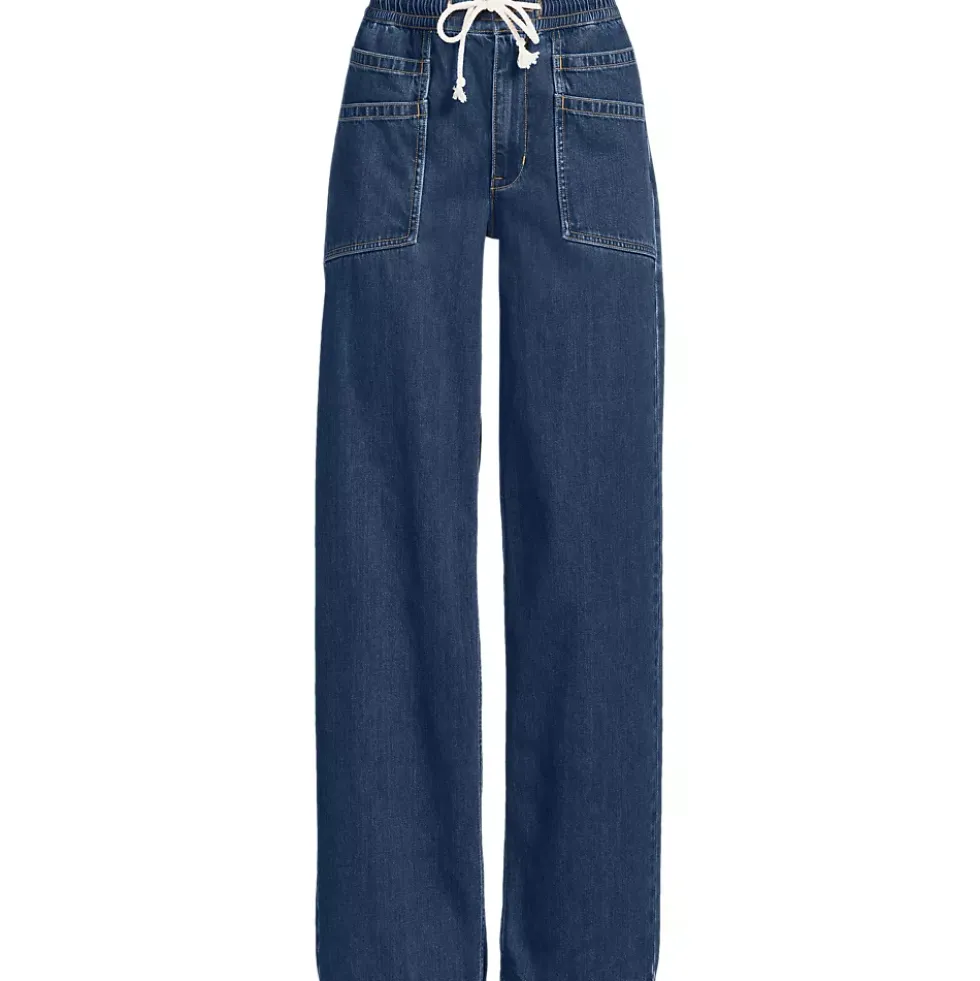 Women's Lightweight Denim High Rise Relaxed Straight Pull On Pocket Jeans