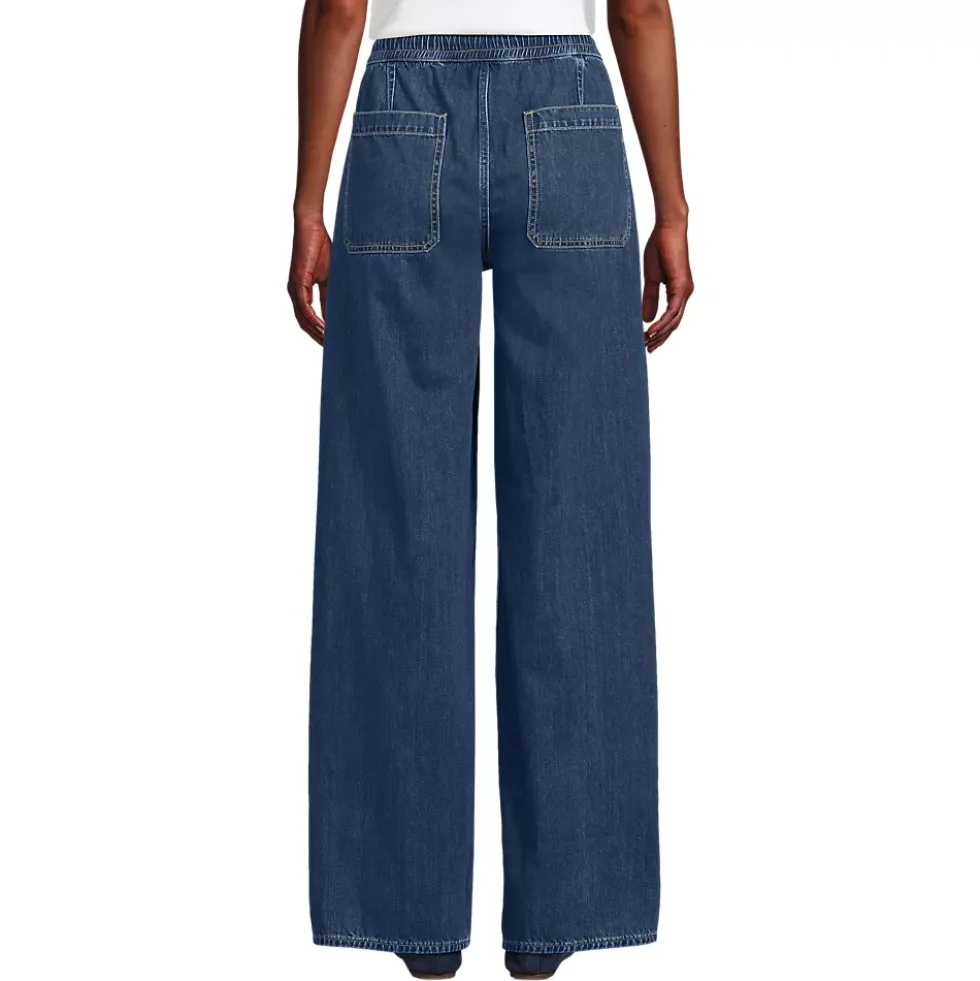 Women's Lightweight Denim High Rise Relaxed Straight Pull On Pocket Jeans