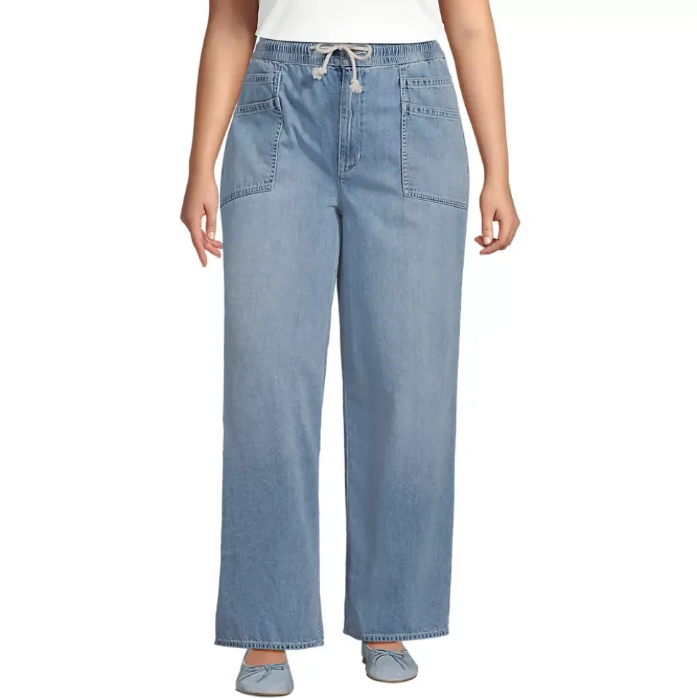 Women's Lightweight Denim High Rise Relaxed Straight Pull On Pocket Jeans