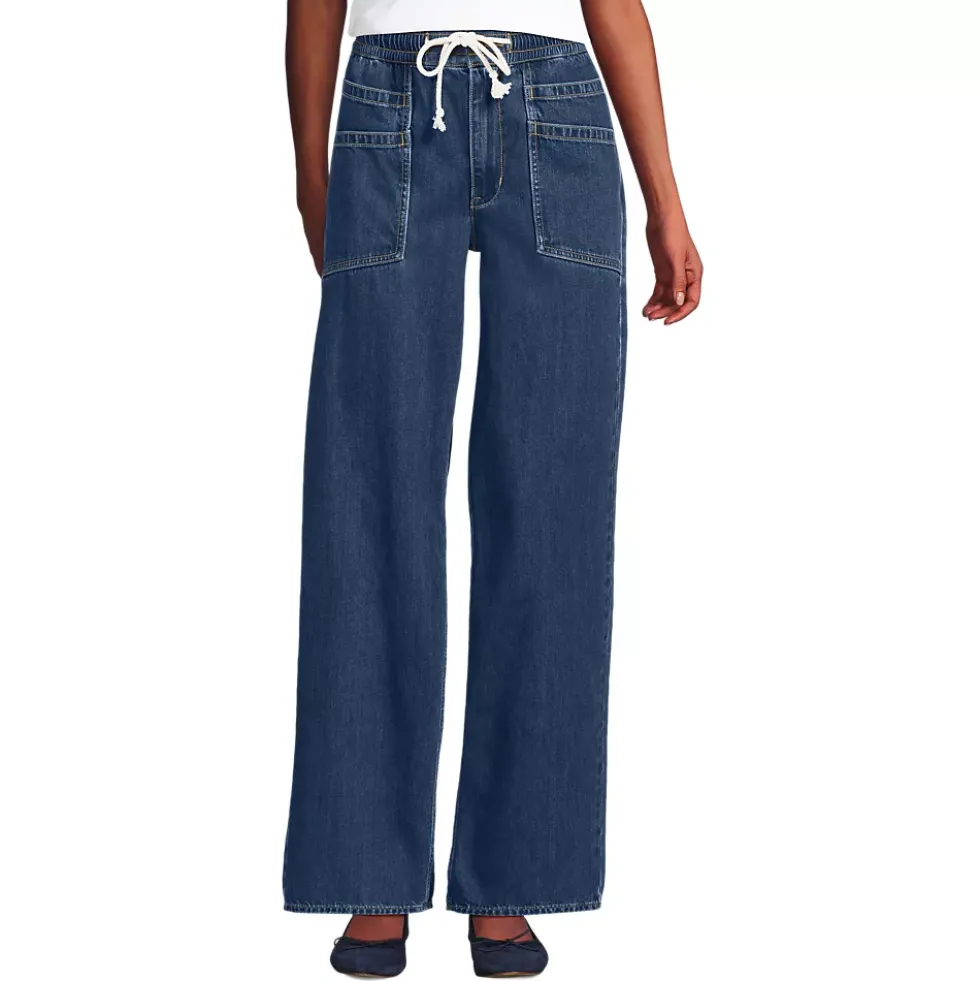 Women's Lightweight Denim High Rise Relaxed Straight Pull On Pocket Jeans