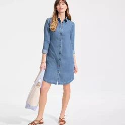 Women's Light Weight Denim Long Sleeve Button Front Shirt Dress