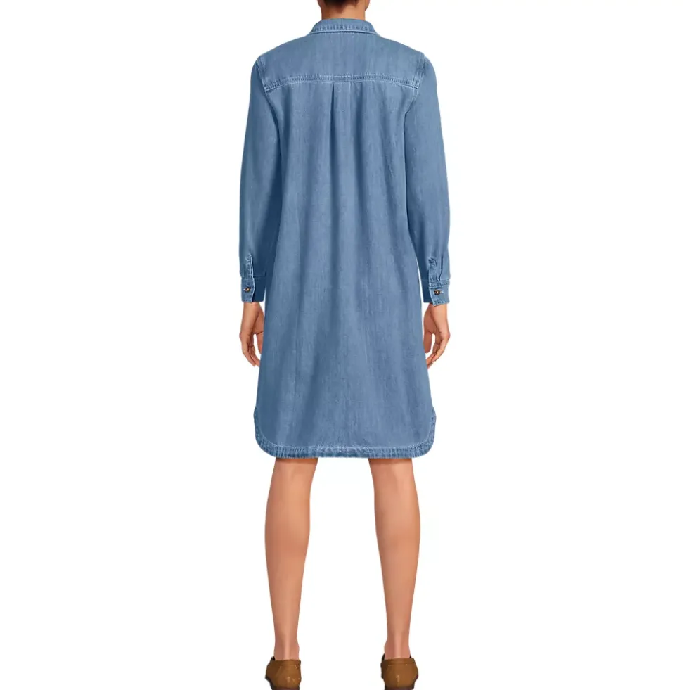 Women's Light Weight Denim Long Sleeve Button Front Shirt Dress
