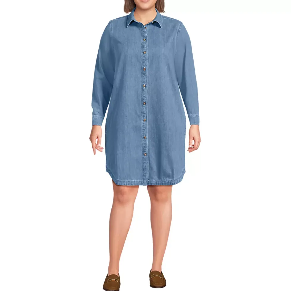 Women's Light Weight Denim Long Sleeve Button Front Shirt Dress