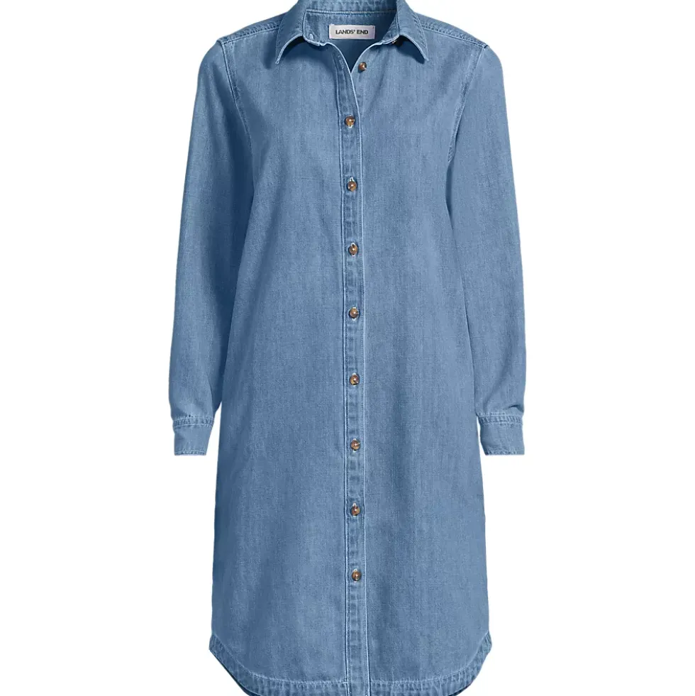 Women's Light Weight Denim Long Sleeve Button Front Shirt Dress