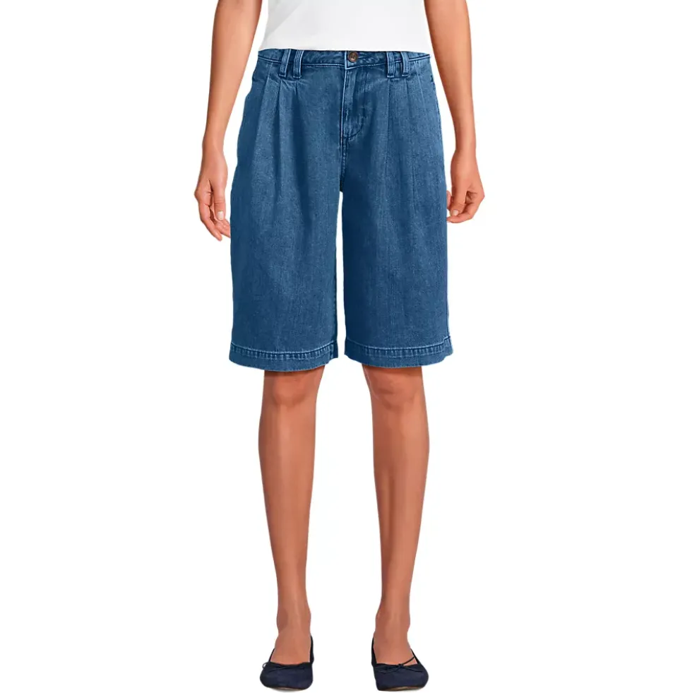 Women's Lightweight Denim Mid Rise Pleated 12" Slouchy Shorts