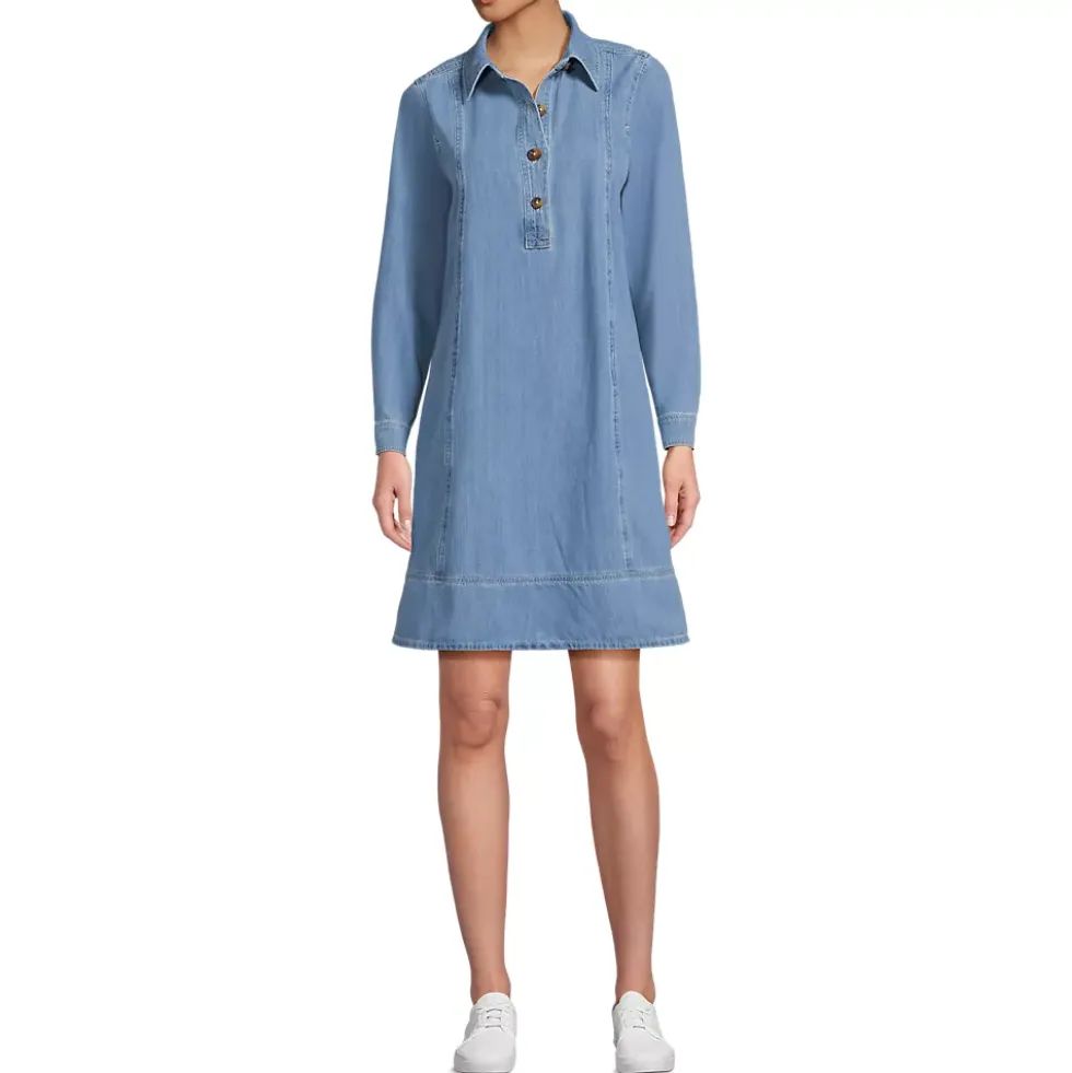 Women's Light Weight Denim Popover At the Knee Dress