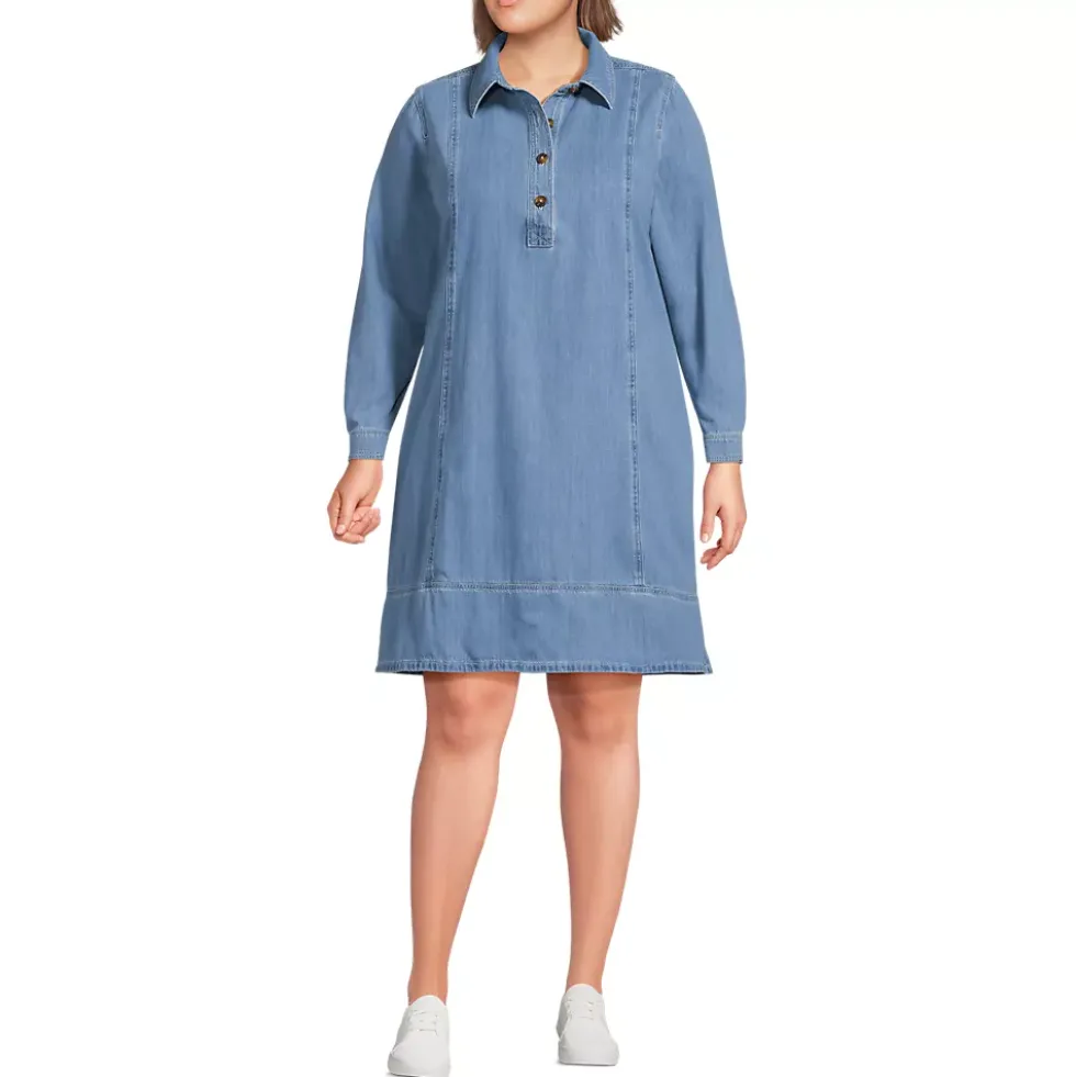 Women's Light Weight Denim Popover At the Knee Dress