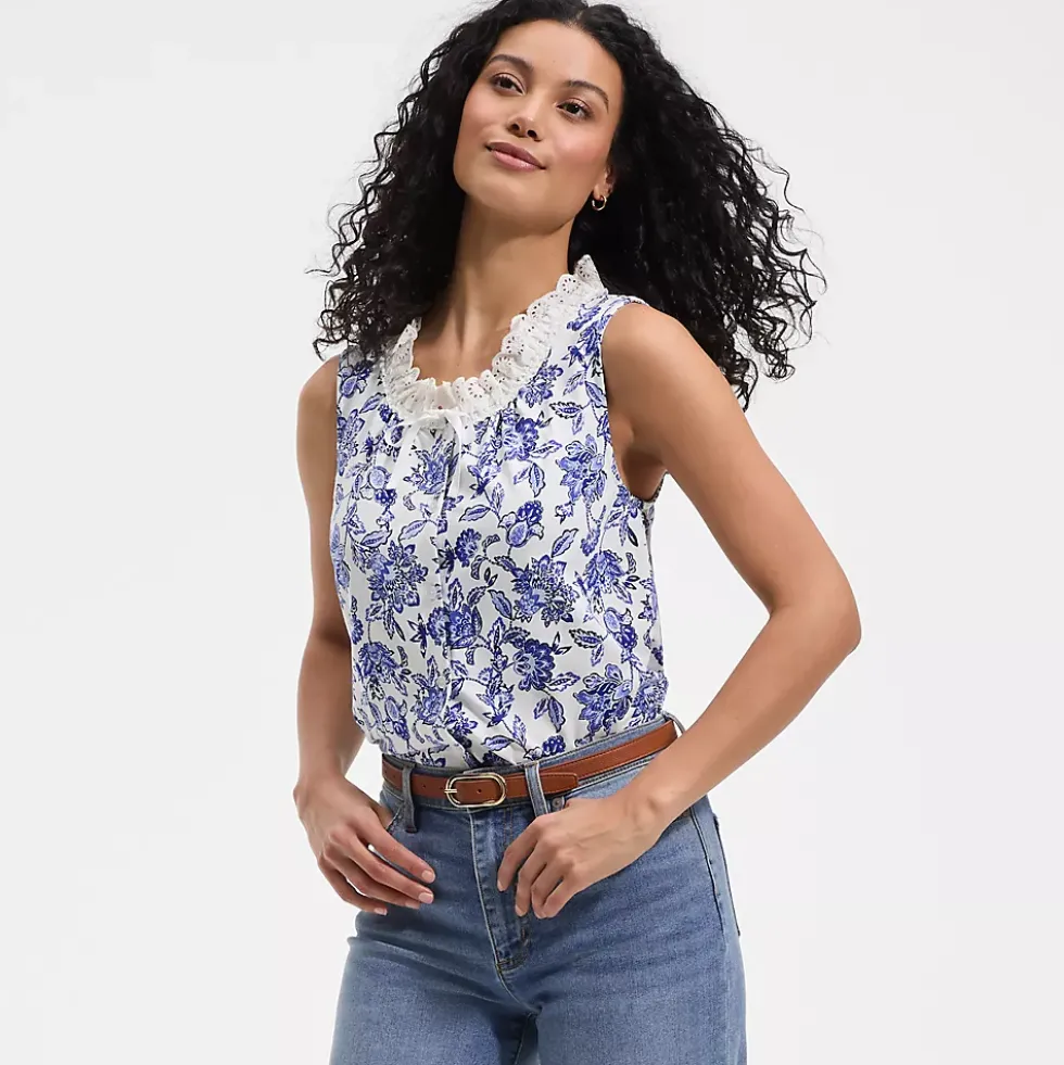 Women's Lightweight Jersey Button Front Lace Trim Tank