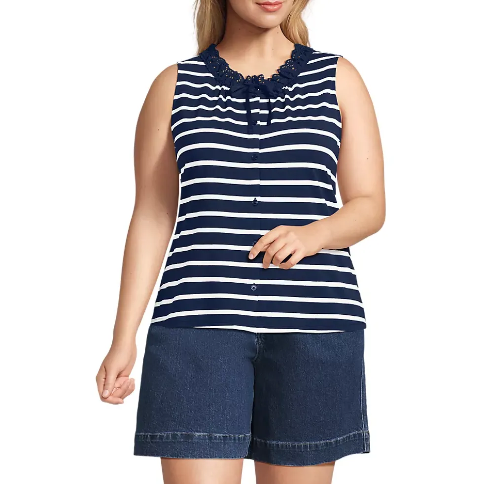 Women's Lightweight Jersey Button Front Lace Trim Tank