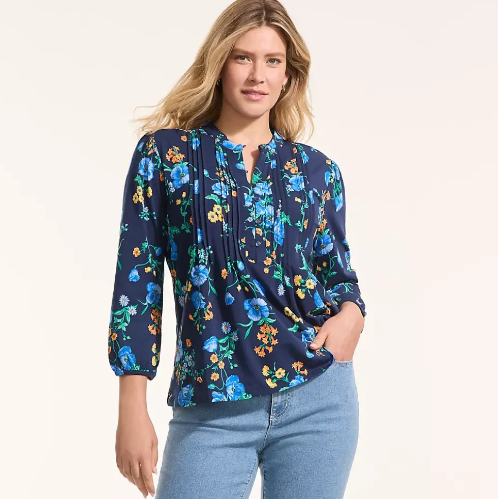 Women's Lightweight Jersey Button Pintuck Top