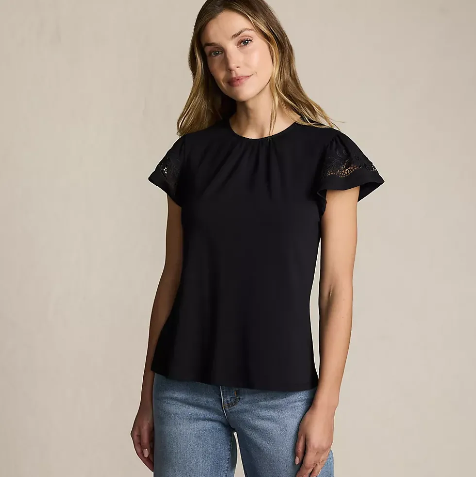 Women's Lightweight Jersey Crew Neck Ruffle Sleeve Flowy Top
