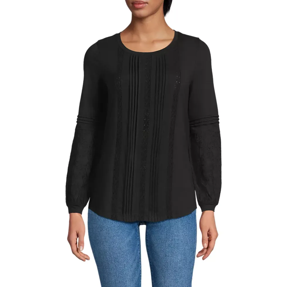 Women's Lightweight Jersey Lace Mix Long Sleeve Pintuck Top