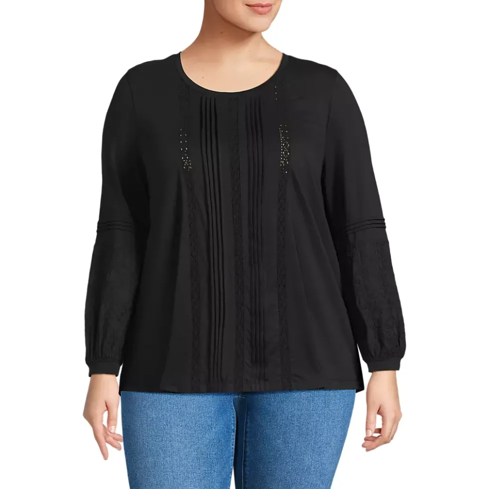 Women's Lightweight Jersey Lace Mix Long Sleeve Pintuck Top