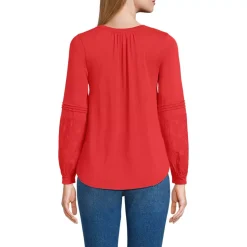 Women's Lightweight Jersey Lace Mix Long Sleeve Pintuck Top