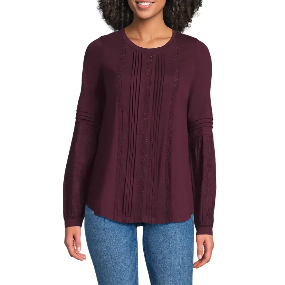 Women's Lightweight Jersey Lace Mix Long Sleeve Pintuck Top