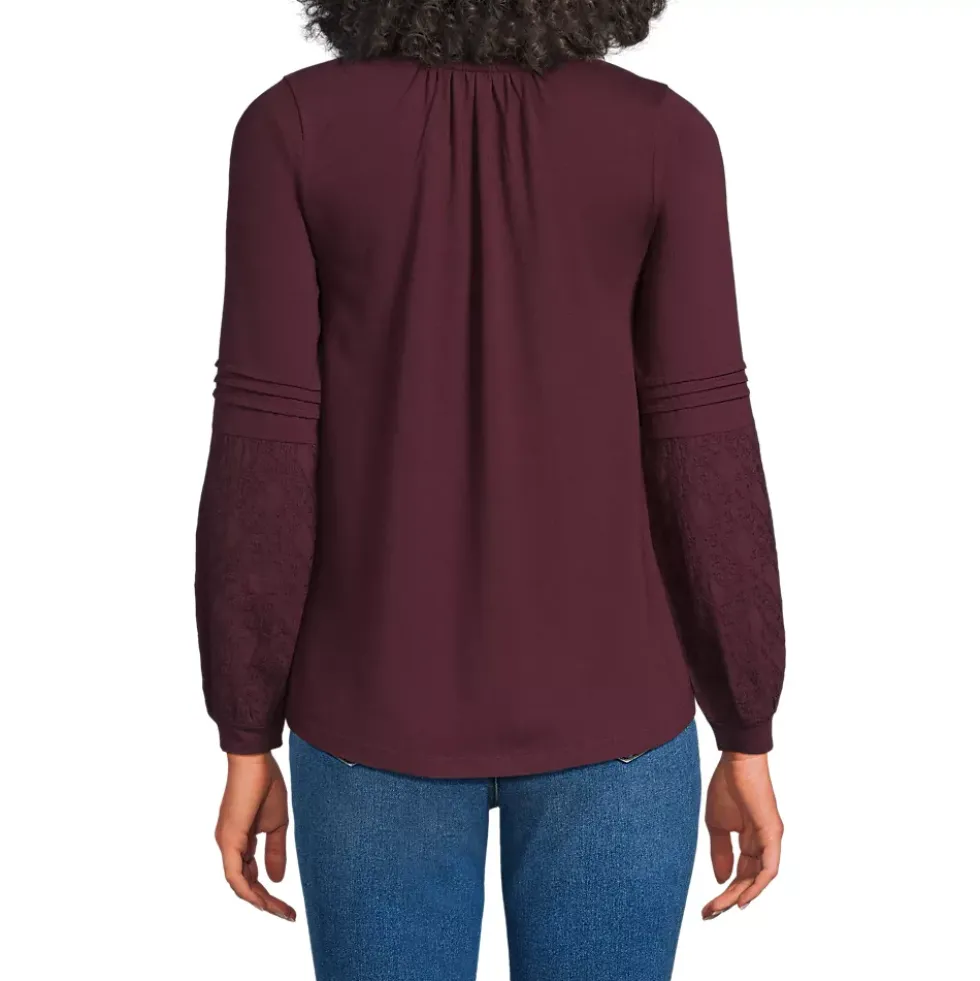 Women's Lightweight Jersey Lace Mix Long Sleeve Pintuck Top