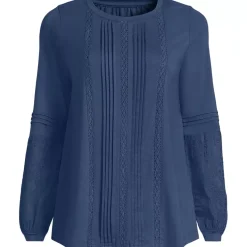 Women's Lightweight Jersey Lace Mix Long Sleeve Pintuck Top
