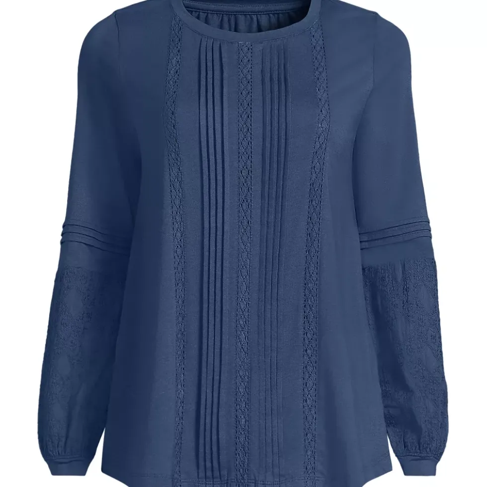 Women's Lightweight Jersey Lace Mix Long Sleeve Pintuck Top