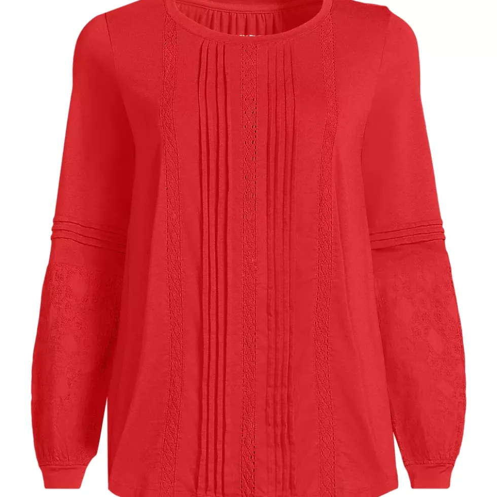 Women's Lightweight Jersey Lace Mix Long Sleeve Pintuck Top