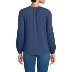Women's Lightweight Jersey Lace Mix Long Sleeve Pintuck Top