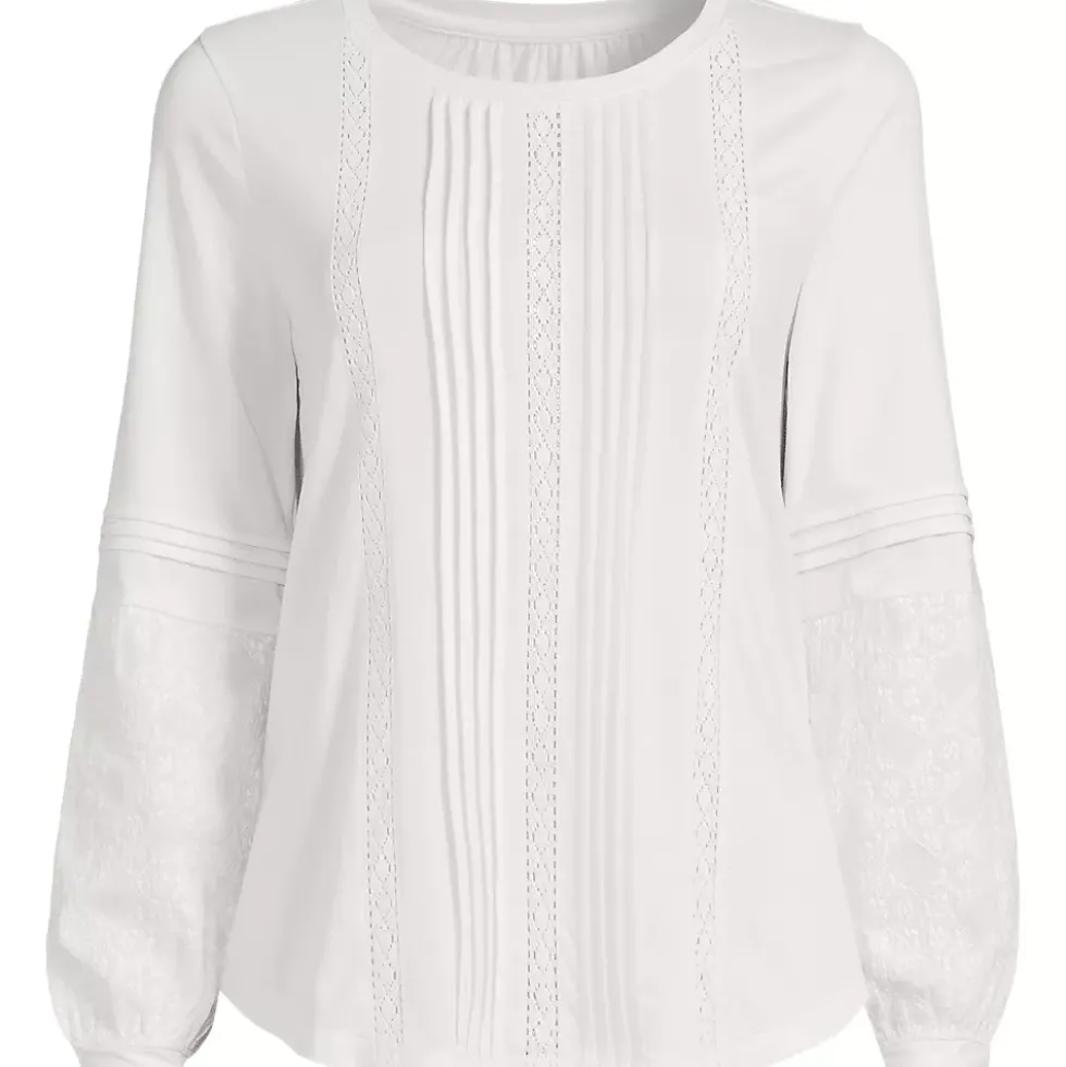 Women's Lightweight Jersey Lace Mix Long Sleeve Pintuck Top
