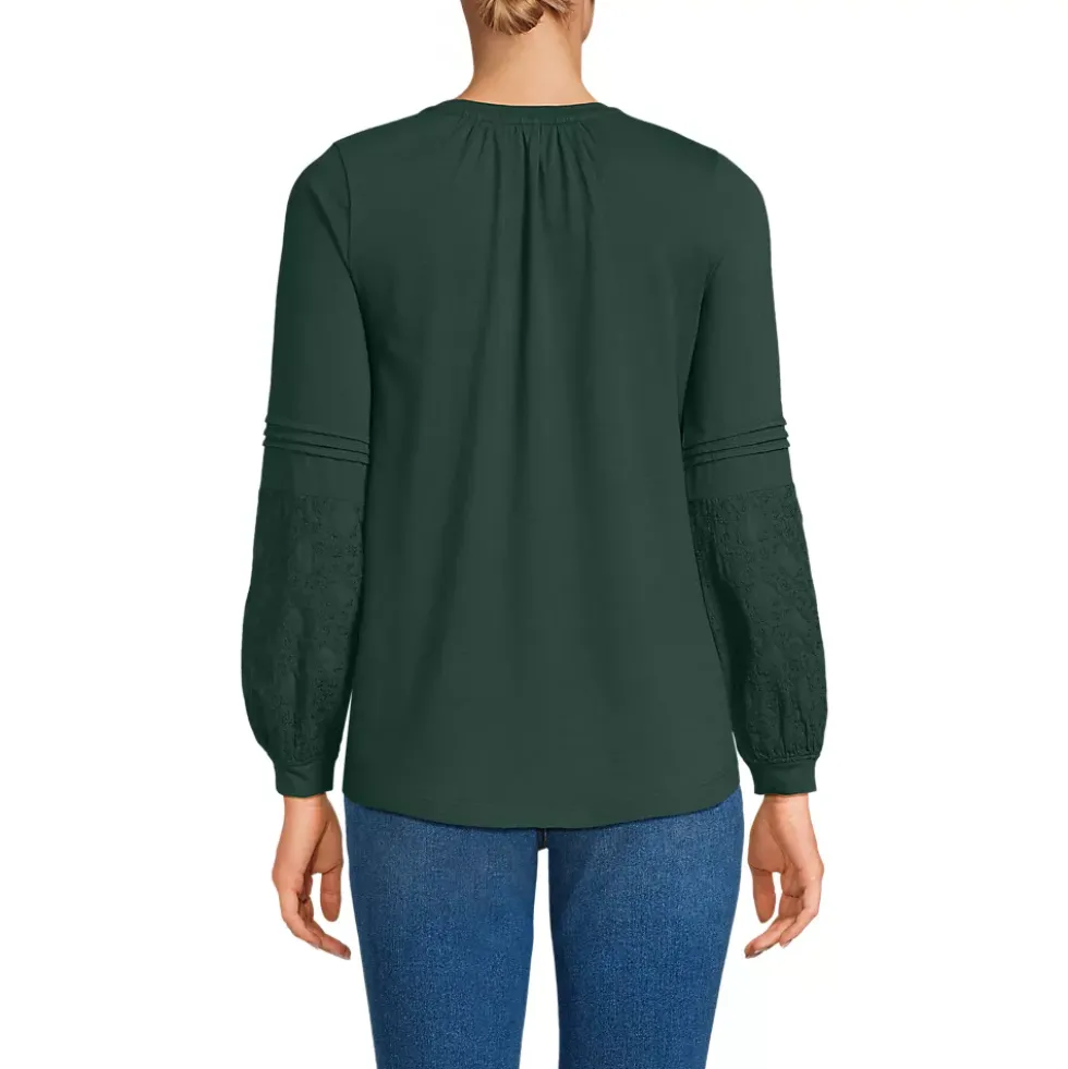 Women's Lightweight Jersey Lace Mix Long Sleeve Pintuck Top