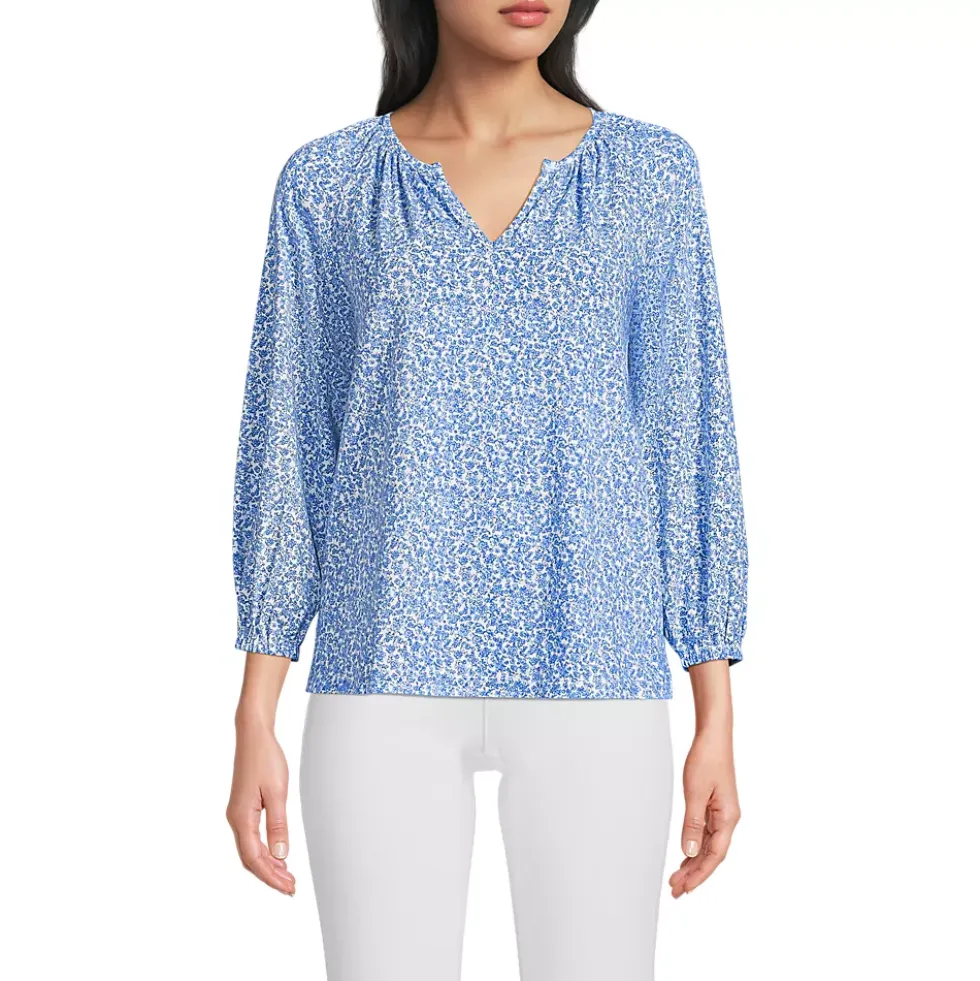 Women's Lightweight Jersey 3/4 Sleeve Notch Neck Gather Blouse