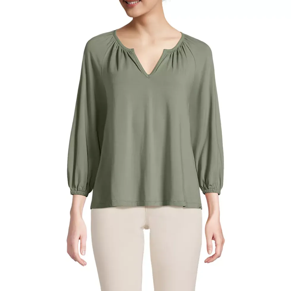 Women's Lightweight Jersey 3/4 Sleeve Notch Neck Gather Blouse