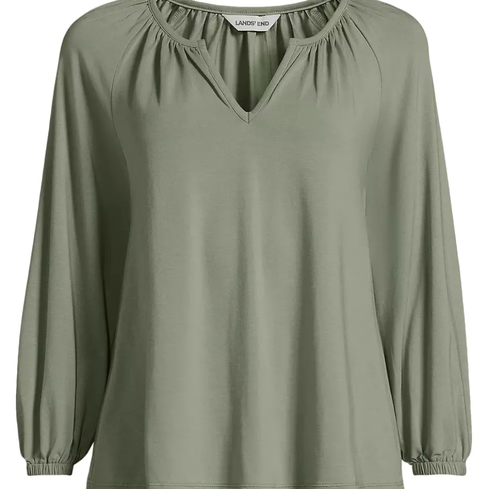 Women's Lightweight Jersey 3/4 Sleeve Notch Neck Gather Blouse