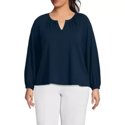 Women's Lightweight Jersey 3/4 Sleeve Notch Neck Gather Blouse