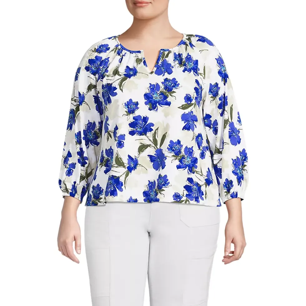 Women's Lightweight Jersey 3/4 Sleeve Notch Neck Gather Blouse