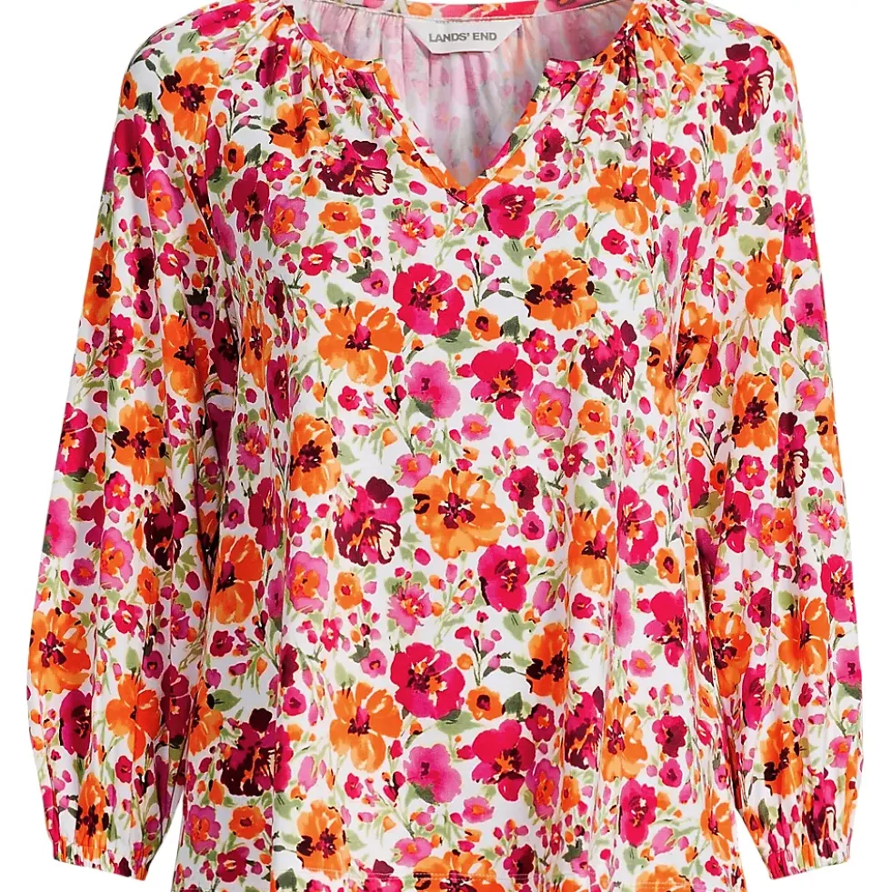 Women's Lightweight Jersey 3/4 Sleeve Notch Neck Gather Blouse