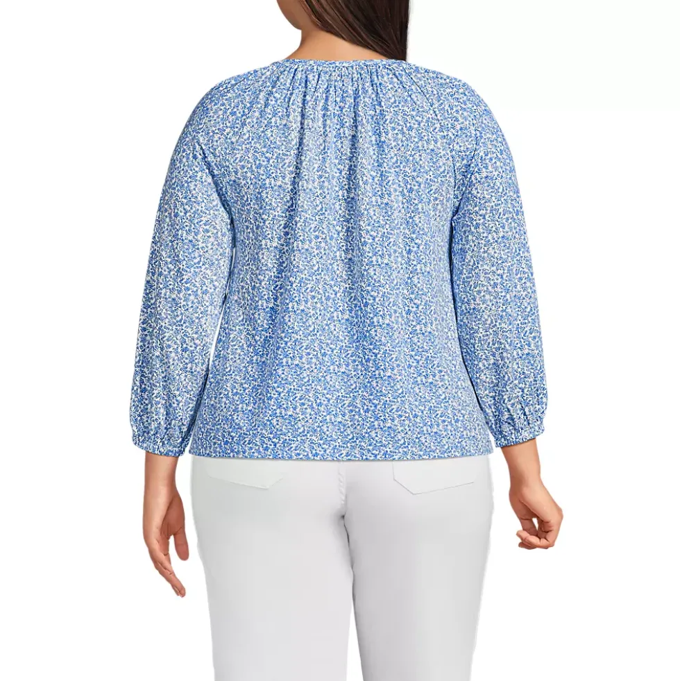 Women's Lightweight Jersey 3/4 Sleeve Notch Neck Gather Blouse