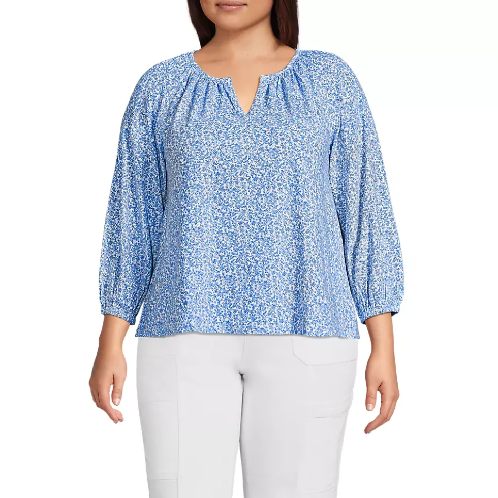 Women's Lightweight Jersey 3/4 Sleeve Notch Neck Gather Blouse