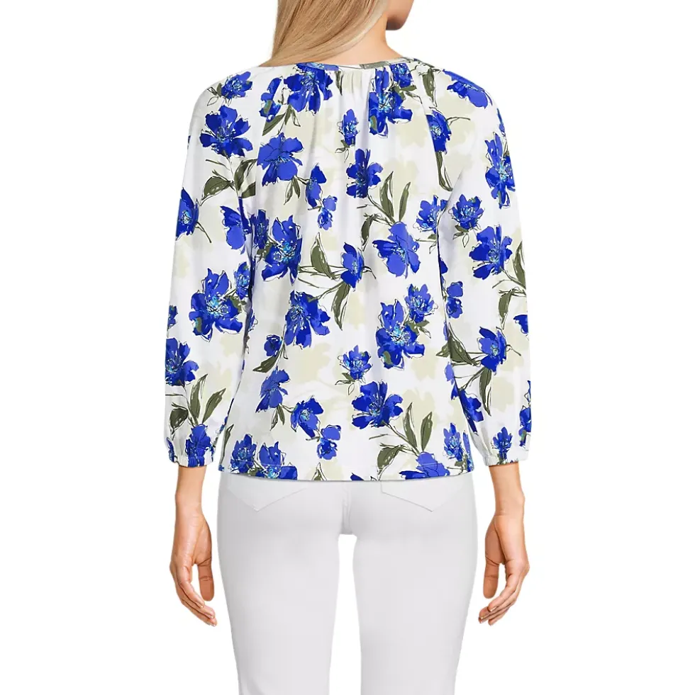 Women's Lightweight Jersey 3/4 Sleeve Notch Neck Gather Blouse