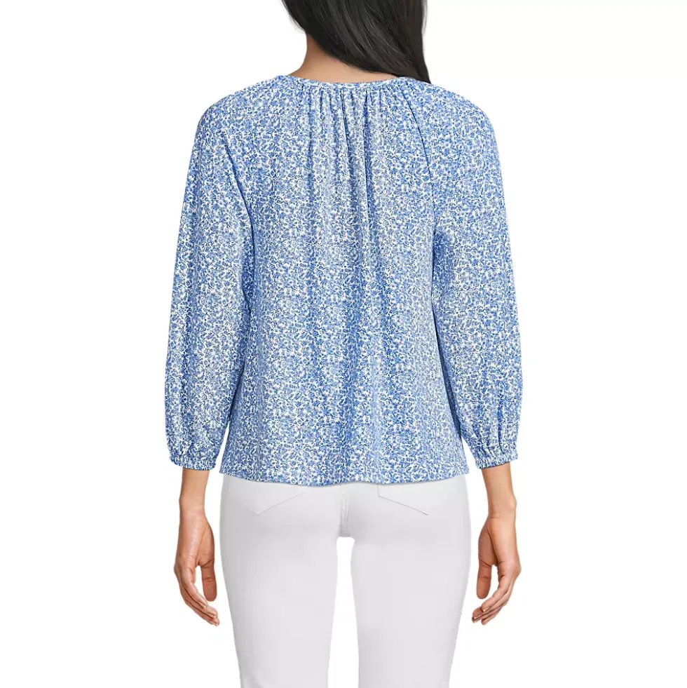 Women's Lightweight Jersey 3/4 Sleeve Notch Neck Gather Blouse