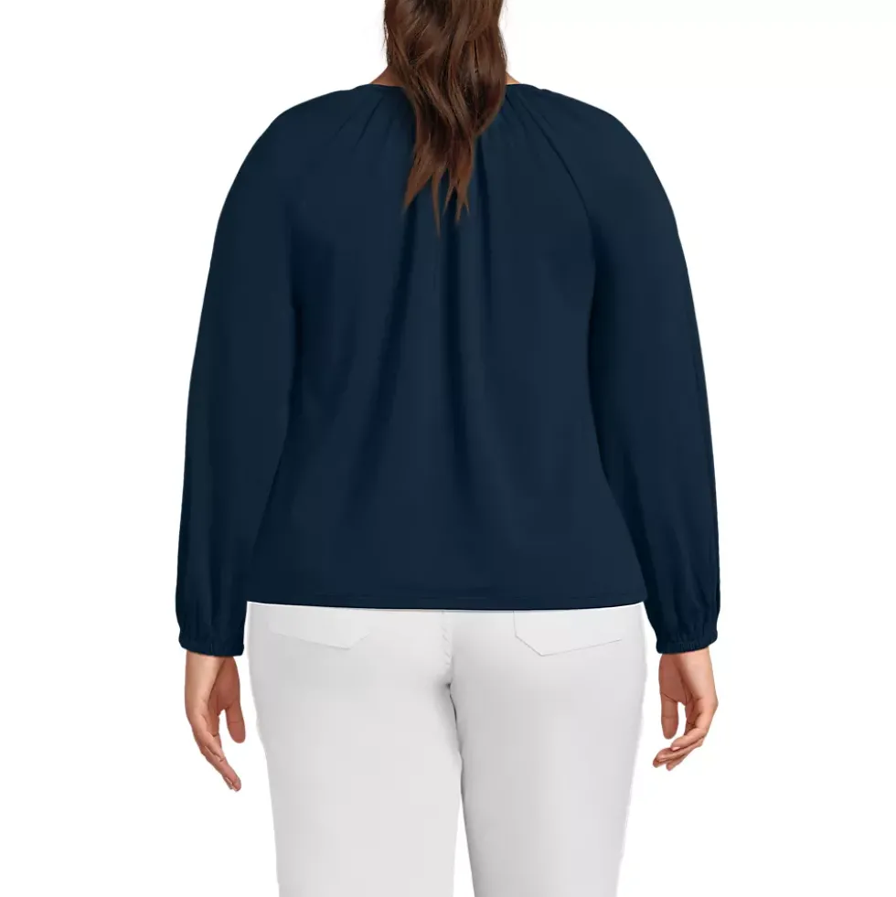 Women's Lightweight Jersey 3/4 Sleeve Notch Neck Gather Blouse