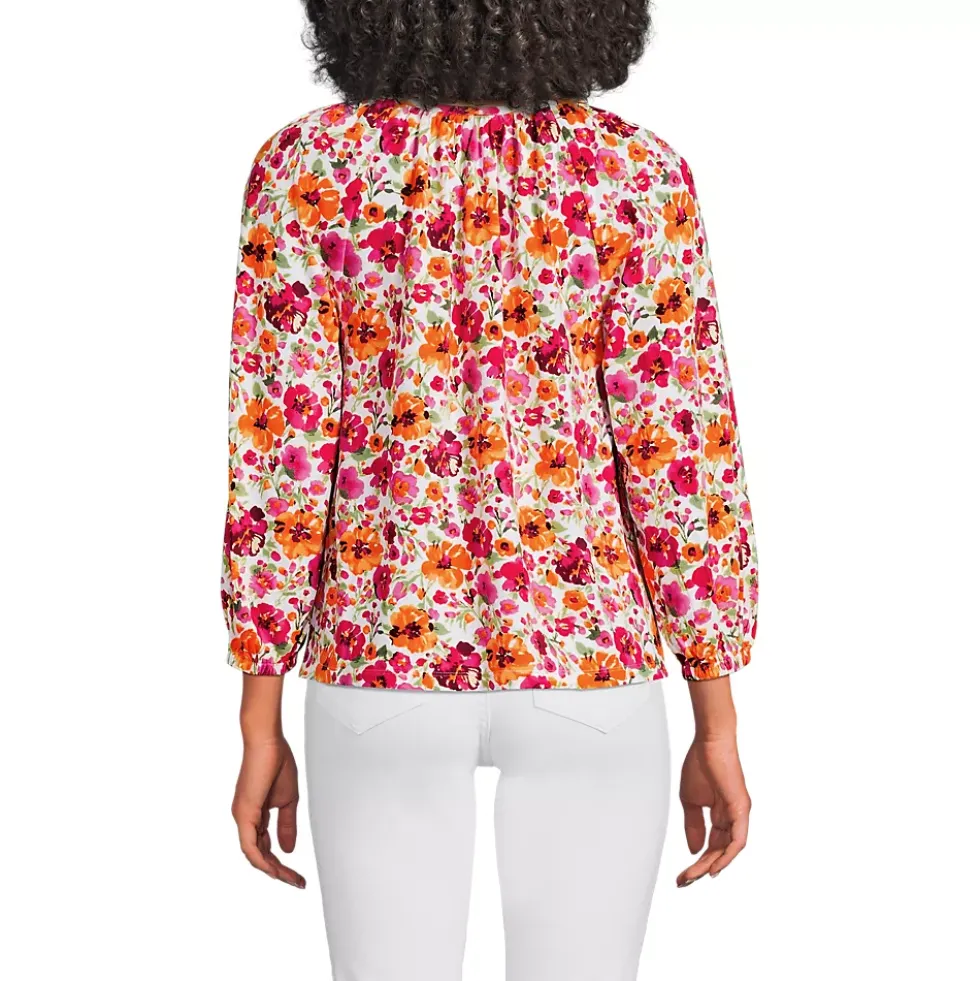 Women's Lightweight Jersey 3/4 Sleeve Notch Neck Gather Blouse
