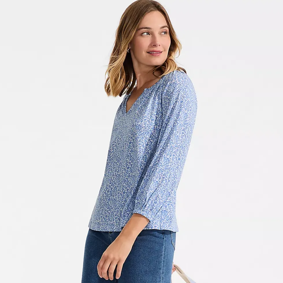 Women's Lightweight Jersey 3/4 Sleeve Notch Neck Gather Blouse