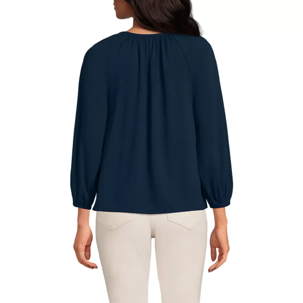 Women's Lightweight Jersey 3/4 Sleeve Notch Neck Gather Blouse