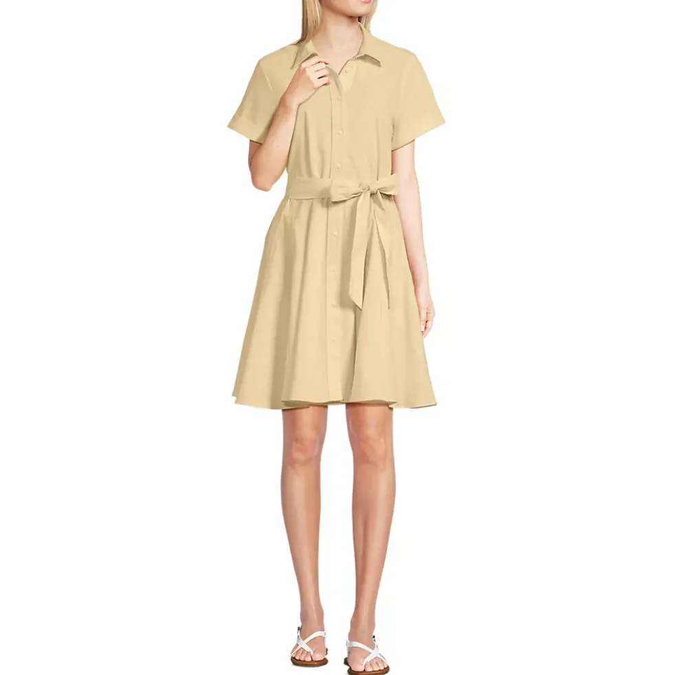 Women's Linen Blend Button Front Dress with Godets