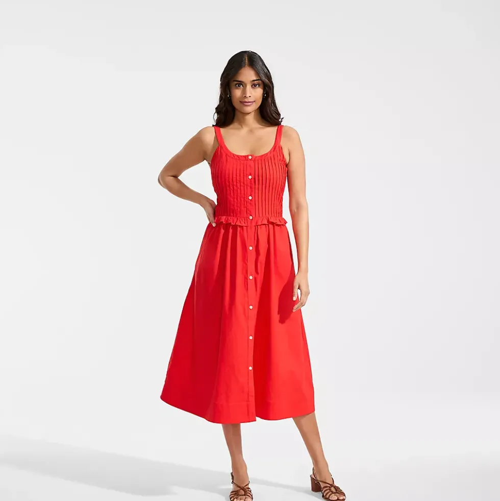 Women's Linen Blend Pintuck Tank Midi Dress