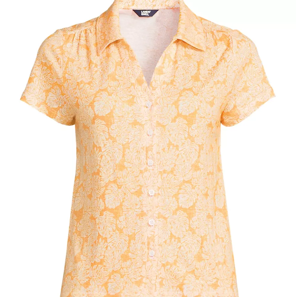 Women's Linen Blend Short Sleeve Button Front Polo Top