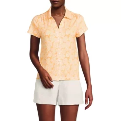 Women's Linen Blend Short Sleeve Button Front Polo Top